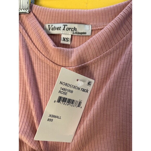 Velvet Torch Ruched Side Bodycon Dress Pink Womens XS Short Sleeve Rib Knit NWT - Picture 3 of 4